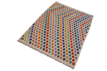 Flat Weave Kilim, Antique, Navaho, Vintage, Handmade, Modern Kilim Beige Rust Hand-Woven Rectangle 100% Wool Area Rug 5 x 7